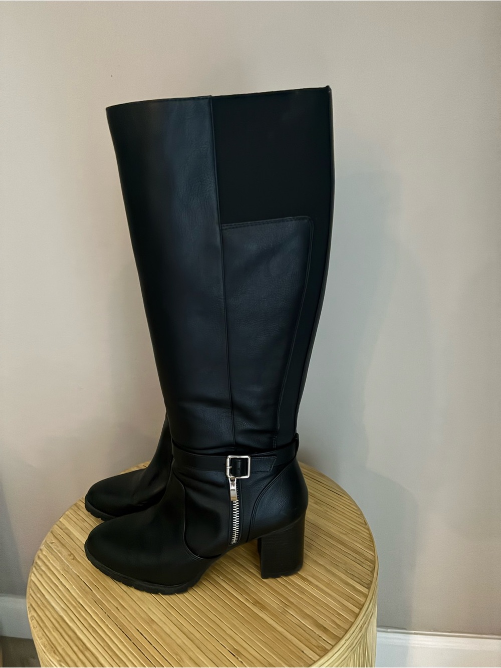 Kelly & Katie Black Knee-High Block Heel Boots with Buckle